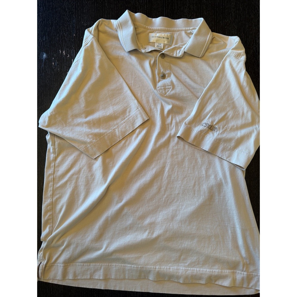 Cutter & Buck Cream Polo Shirt Crown Sleeve Logo Mens L Beige Short Sleeve Golf